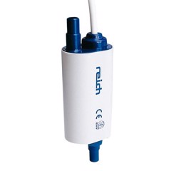 Cylindrisk vattenpump i vitt och blått med "Reich" logotyp och certifikat, anslutningar i båda ändar.